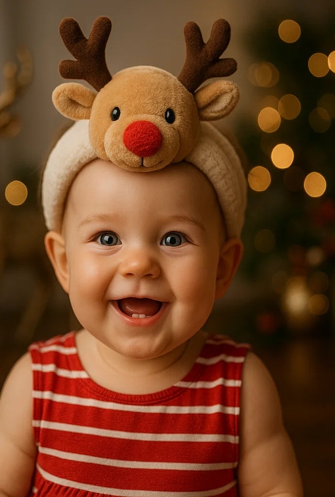 Christmas Reindeer Baby Headband – Soft Plush with Embroidered Details for Gifting