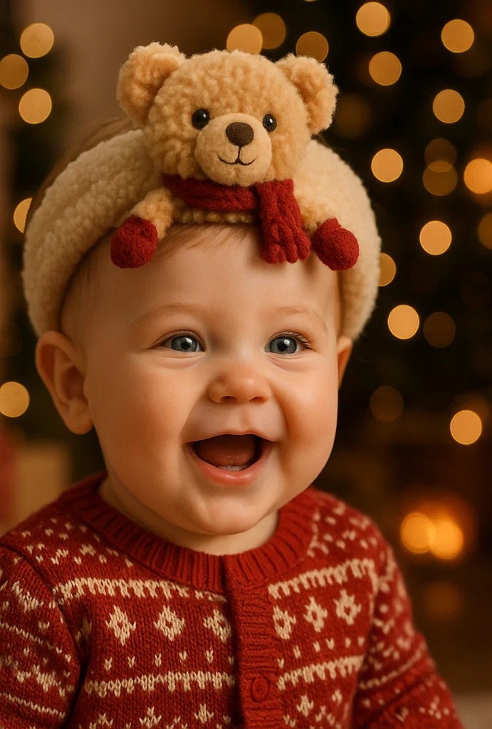Teddy Bear Baby Headband – Winter Warmth with Soft Plush and Red Scarf