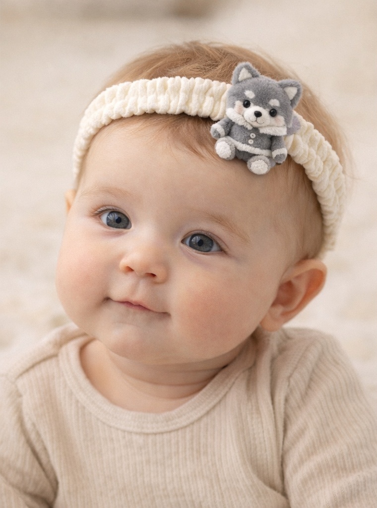 Husky Baby Headband with Gray Plush Puppy Design
