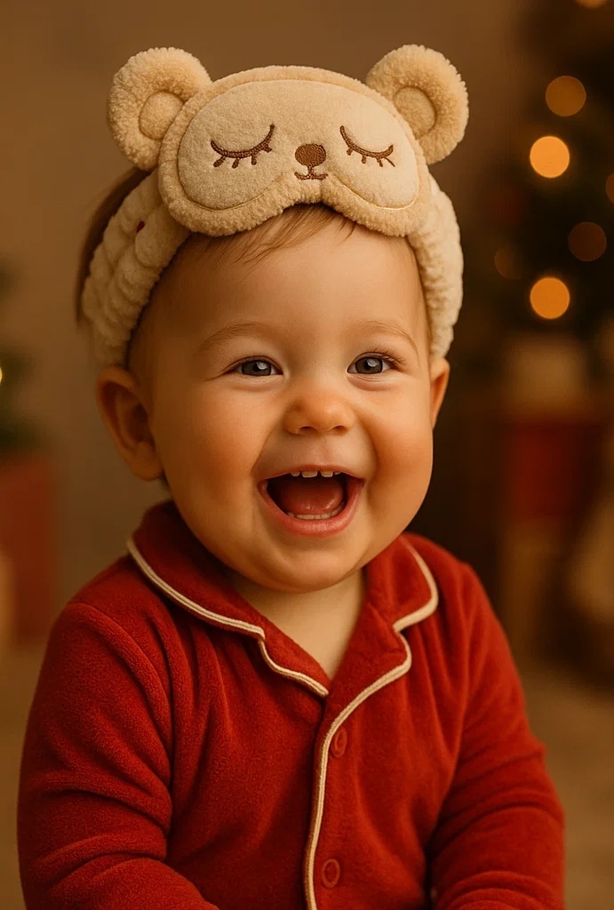 Sleeping Bear Baby Headband – Cozy Winter Design with Candy Cane Pajamas