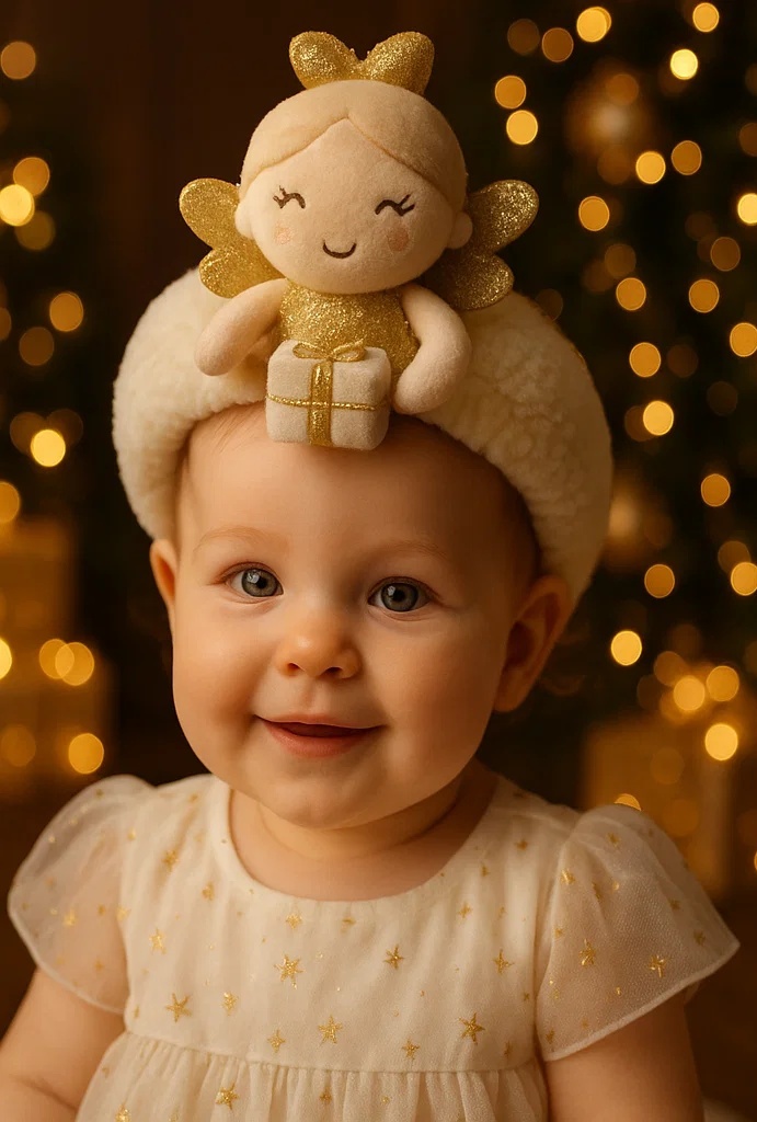 Golden Gift Angel Baby Headband – Cute Accessory with Glittery Wings and Present