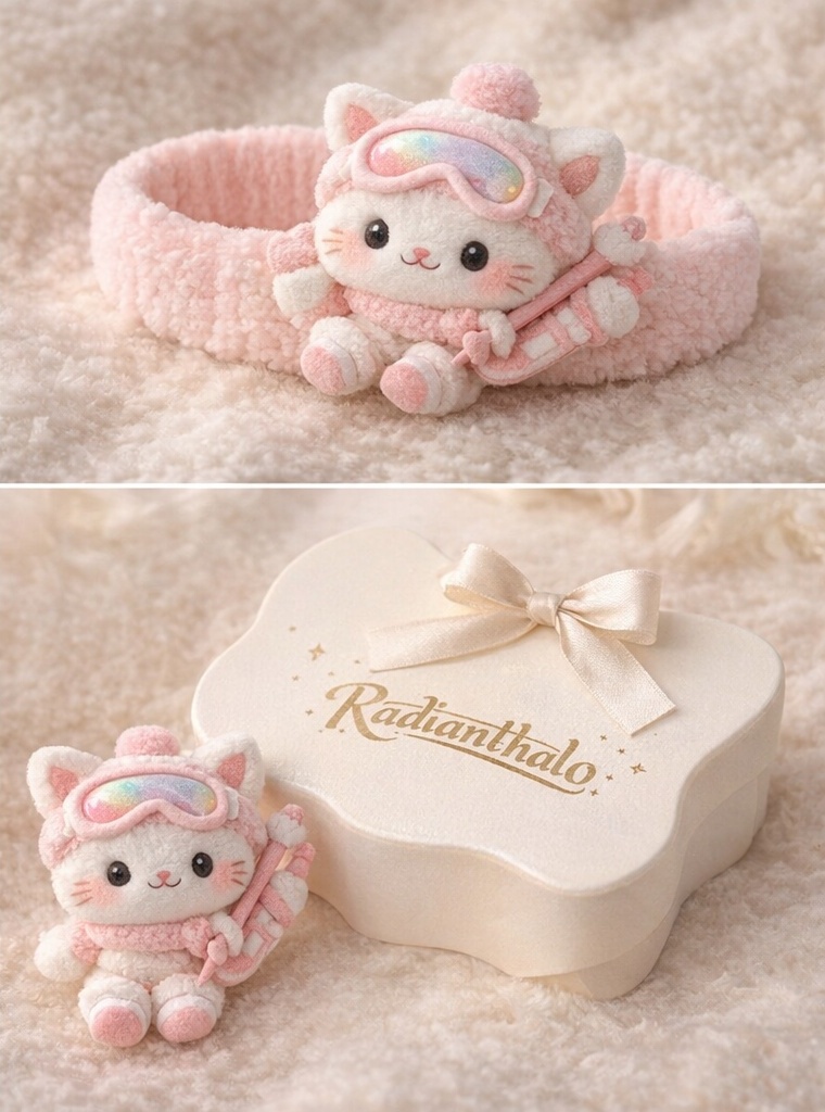 Ski Cat Baby Headband with Pink Plush Goggles Design