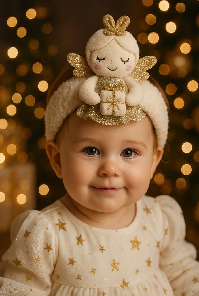 Golden Angel Baby Headband – Cute Accessory with Glittery Wings and Present