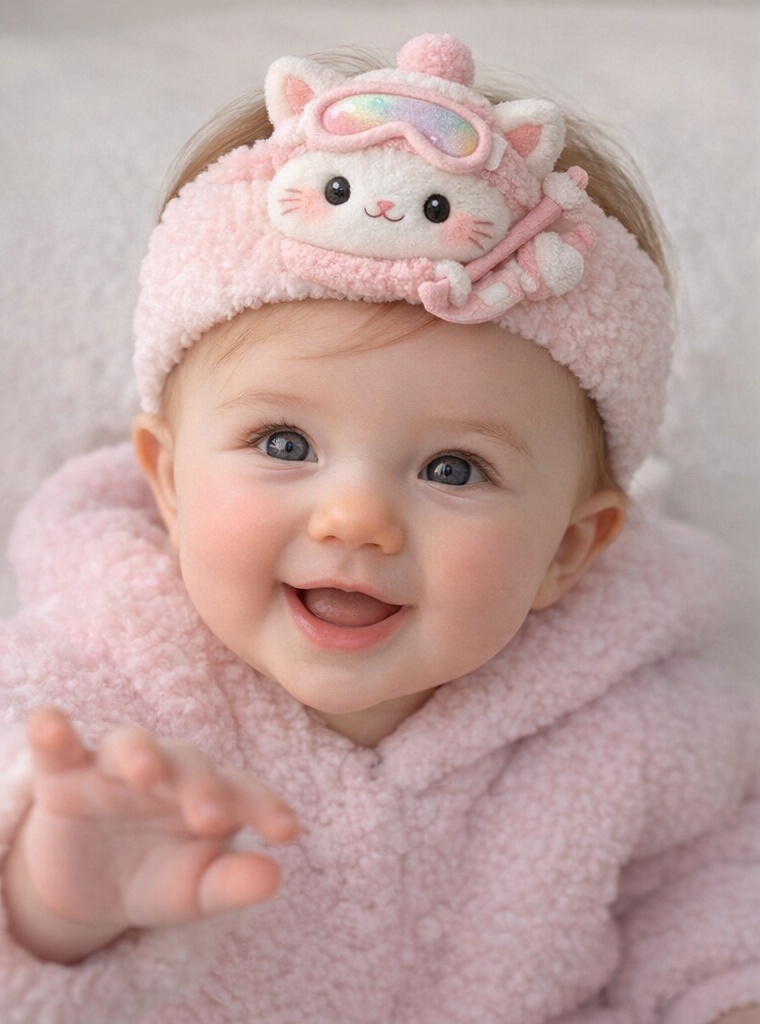 Ski Cat Baby Headband with Pink Plush Goggles Design