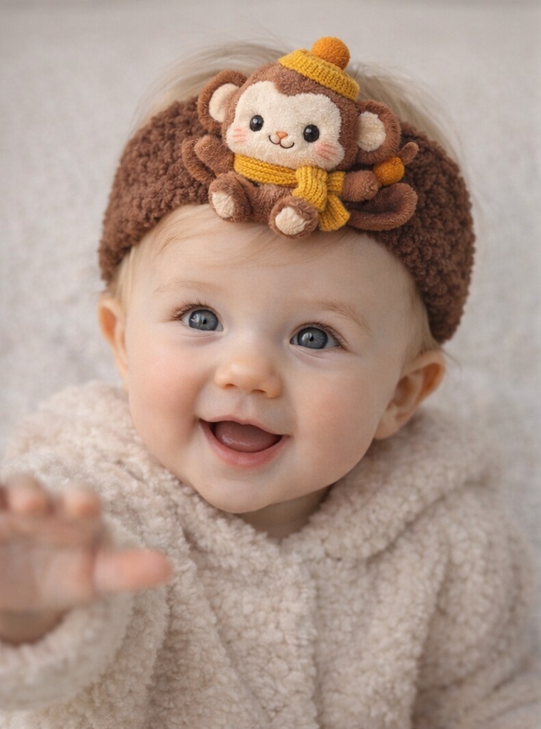 Monkey Baby Headband with Brown Sherpa and Yellow Knit Accessories