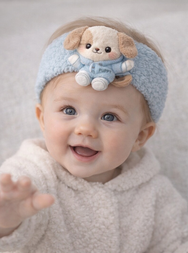Puppy Baby Headband with Light Blue Plush Design