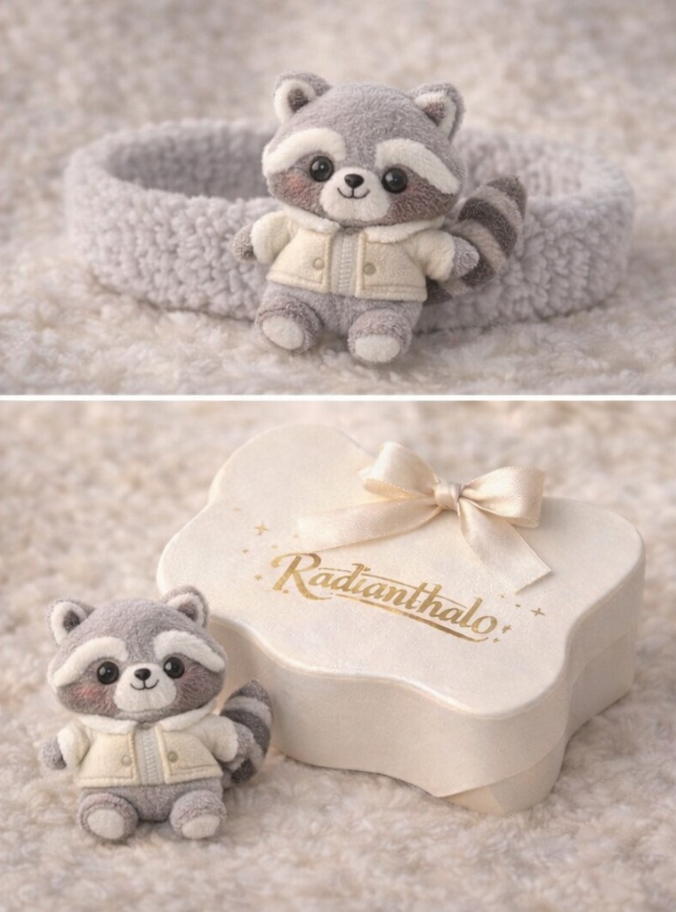 Raccoon Baby Headband with Gray Plush Toy and Cozy Fleece Band