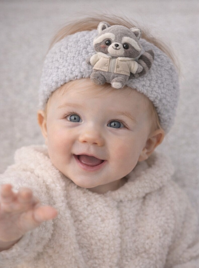 Raccoon Baby Headband with Gray Plush Toy and Cozy Fleece Band