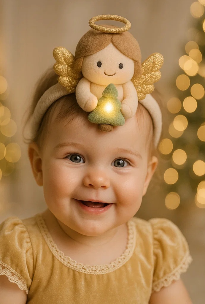 Golden Halo Angel Baby Headband – Soft Plush Holiday Headwear with Light-Up Tree
