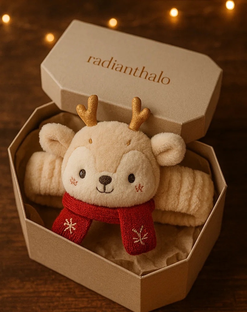 Festive Deer Baby Headband with Red Knit Scarf – Cozy Plush Christmas Accessory