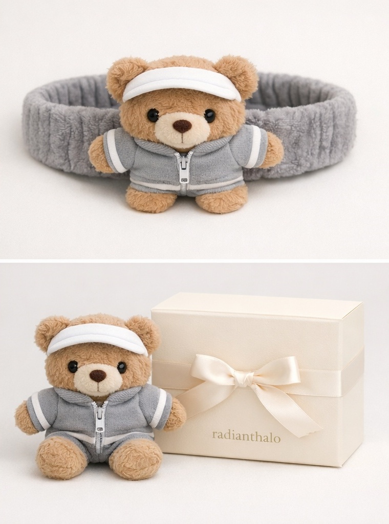 Teddy Bear Baby Headband with Gray Tracksuit and Visor Design