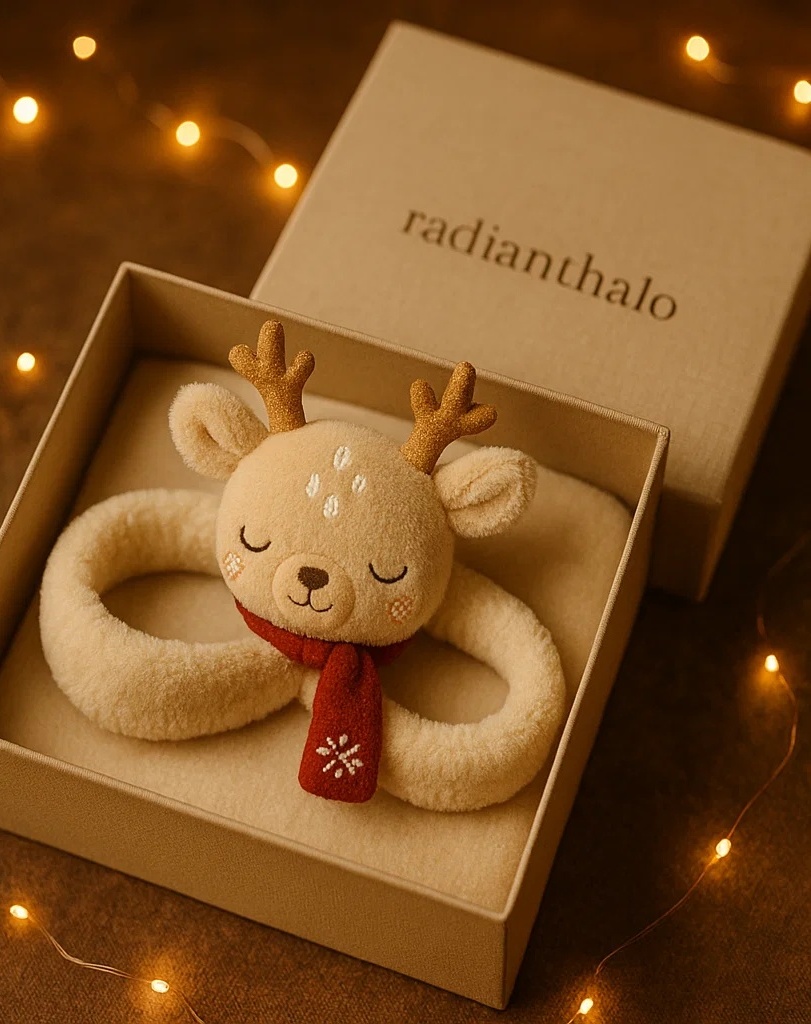 Peaceful Reindeer Baby Headband – Sleeping Plush Design with Holiday Scarf