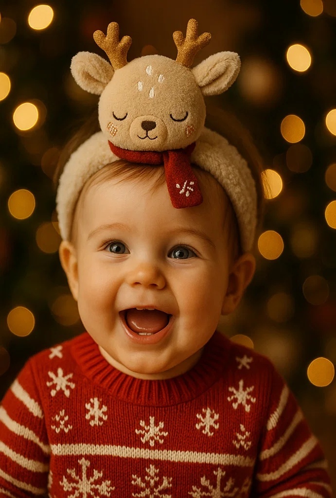 Peaceful Reindeer Baby Headband – Sleeping Plush Design with Holiday Scarf