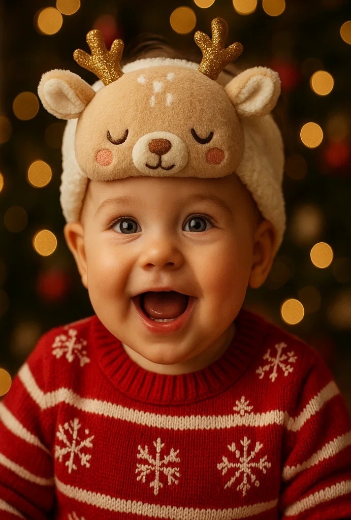 Classic Holiday Reindeer Baby Headband – Plush Sleeping Deer with Red Scarf