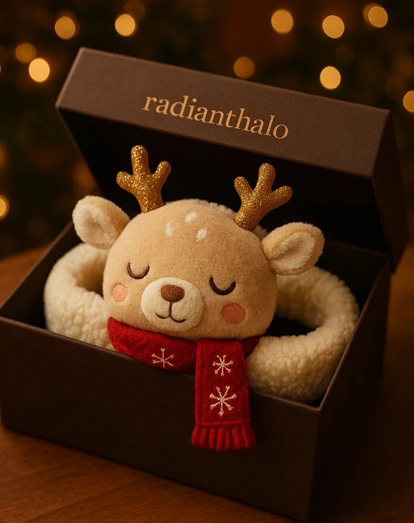 Classic Holiday Reindeer Baby Headband – Plush Sleeping Deer with Red Scarf