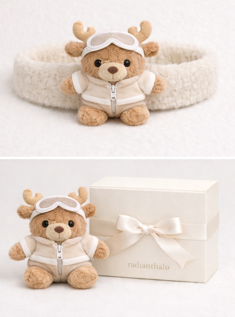 Reindeer Baby Headband with Cream Fleece and Plush Toy