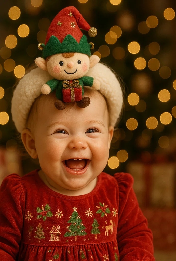 Holiday Elf Baby Headband – Plush Toy Design with Gift and Bell Hat