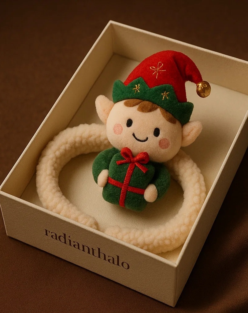 Christmas Elf Baby Headband – Soft Plush Toy with Red Bow and Festive Charm