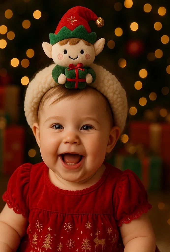 Christmas Elf Baby Headband – Soft Plush Toy with Red Bow and Festive Charm