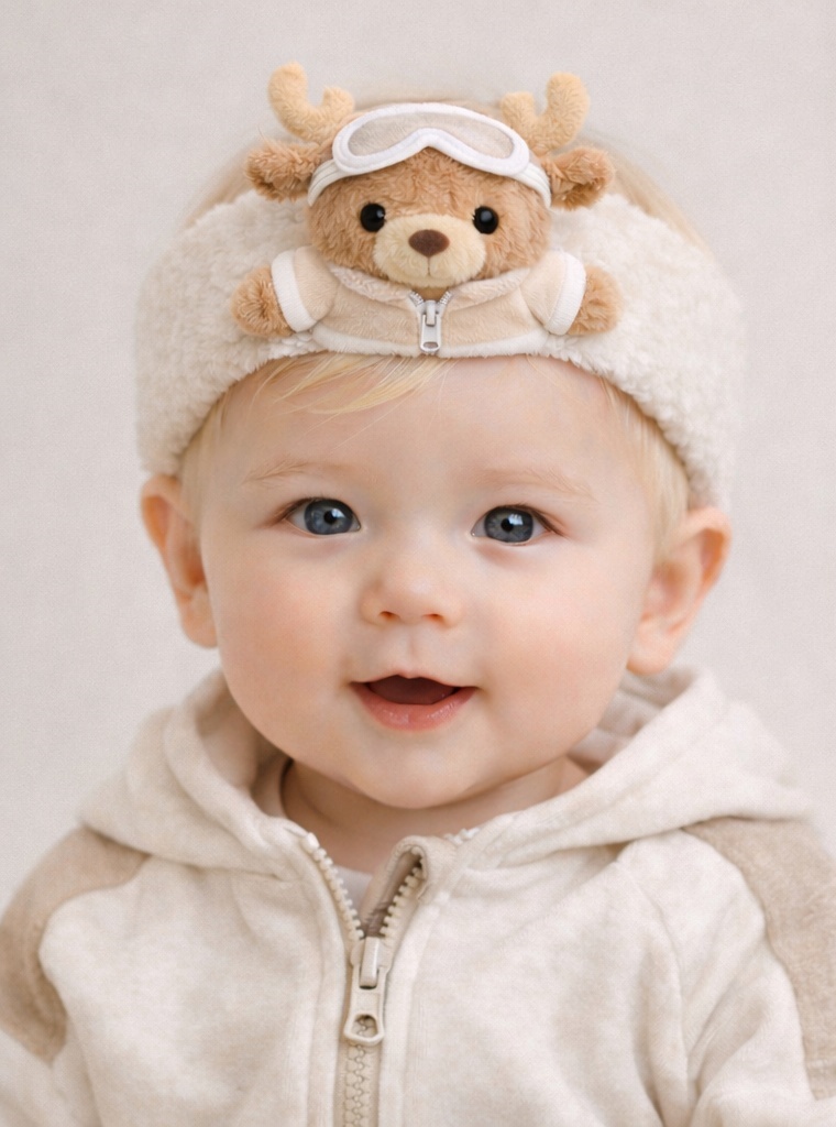 Reindeer Baby Headband with Cream Fleece and Plush Toy