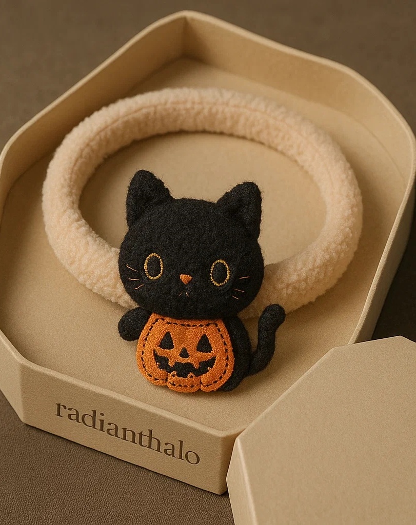 Halloween Black Cat Baby Headband – Soft Plush Toy with Pumpkin Costume