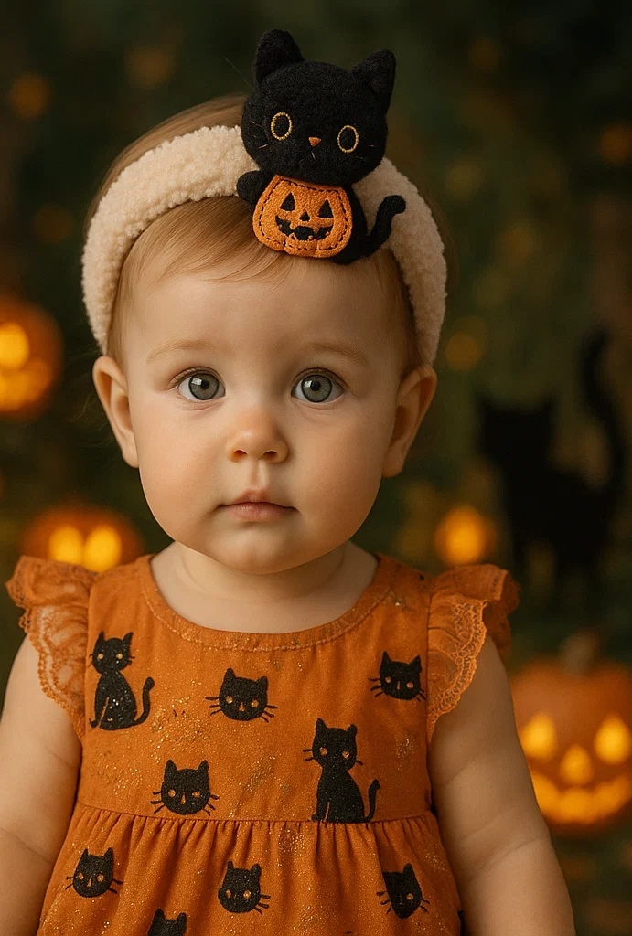Halloween Black Cat Baby Headband – Soft Plush Toy with Pumpkin Costume