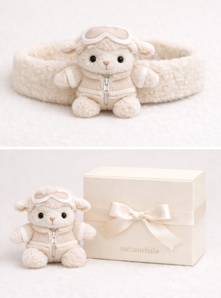 Sheep Baby Headband with Cream Plush and Ski-Inspired Toy