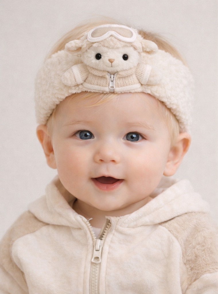 Sheep Baby Headband with Cream Plush and Ski-Inspired Toy