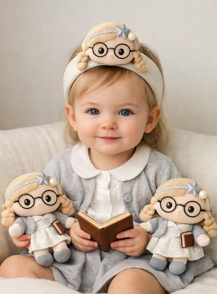 Star Librarian Baby Headband – Plush Girl with Glasses & Star Crown