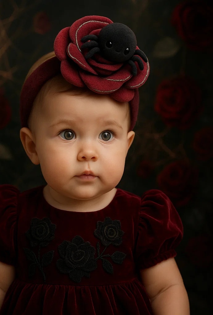 Red Rose Spider Plush Baby Headband – Unique & Playful Infant Accessory