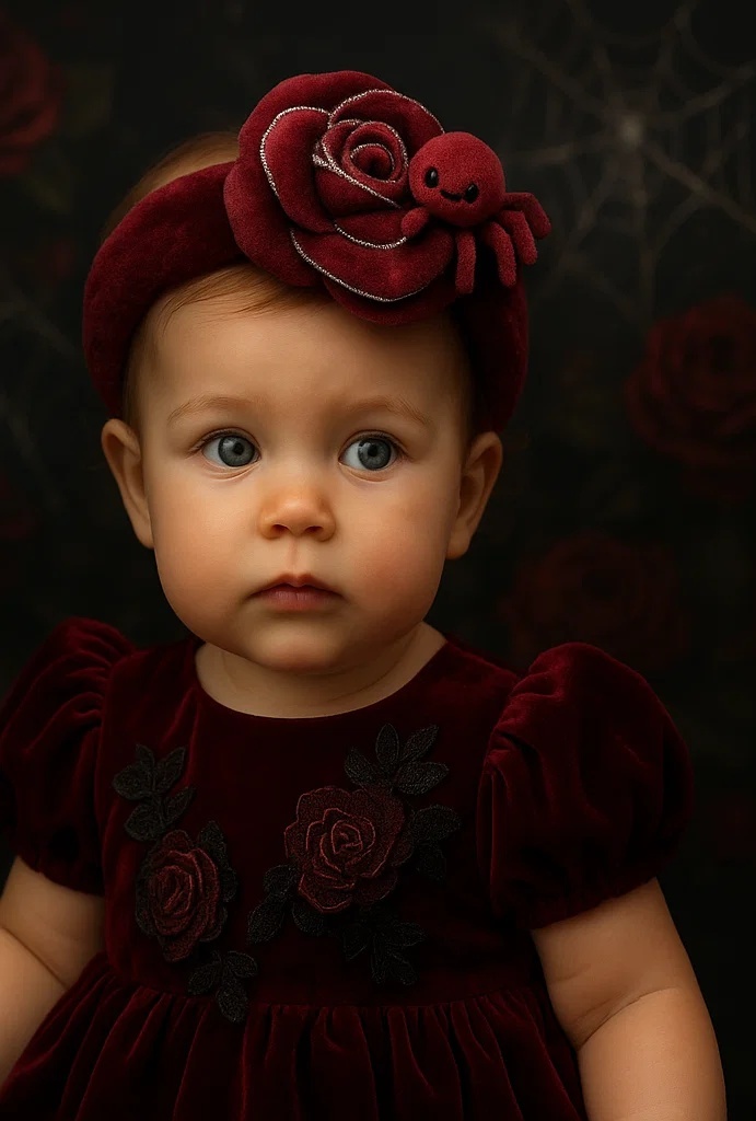 Dark Red Rose Spider Plush Baby Headband – Eye-Catching & Safe for Babies