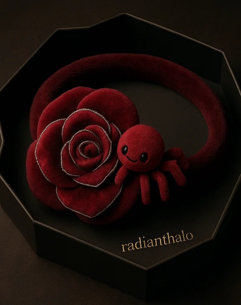 Dark Red Rose Spider Plush Baby Headband – Eye-Catching & Safe for Babies