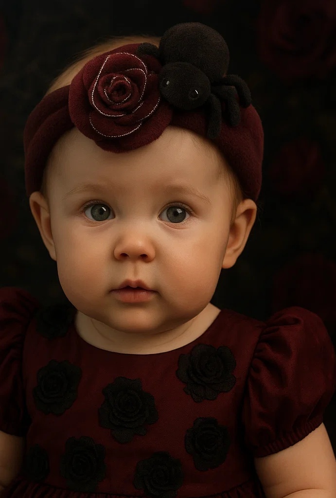 Burgundy Rose Spider Plush Baby Headband – Soft & Comfortable Design