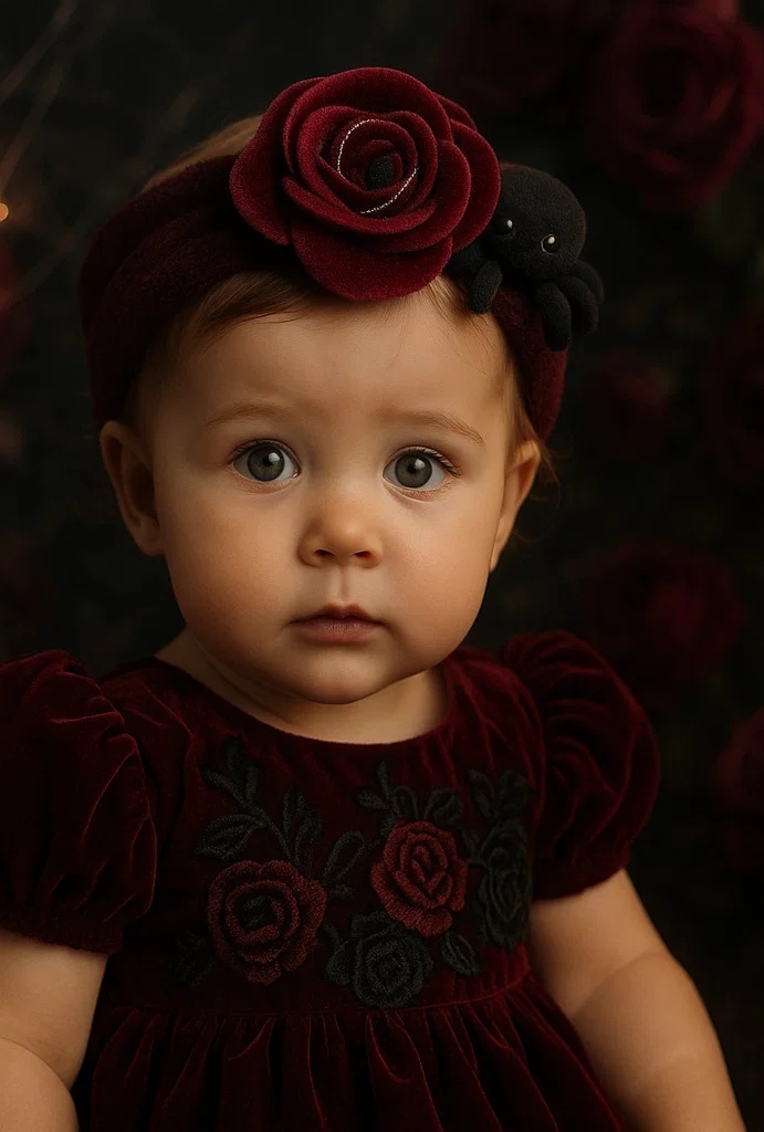 Elegant Dark Red Rose & Black Spider Baby Headband – Perfect for Photos
