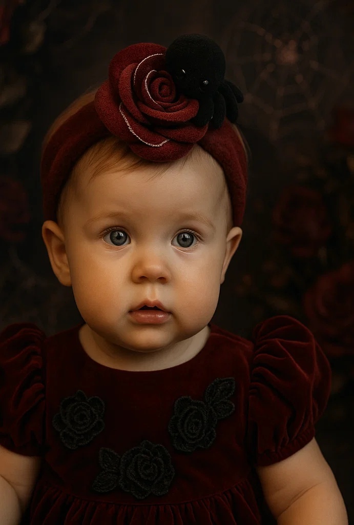 Charming Dark Red Rose Spider Plush Baby Headband – Adorable Infant Gift