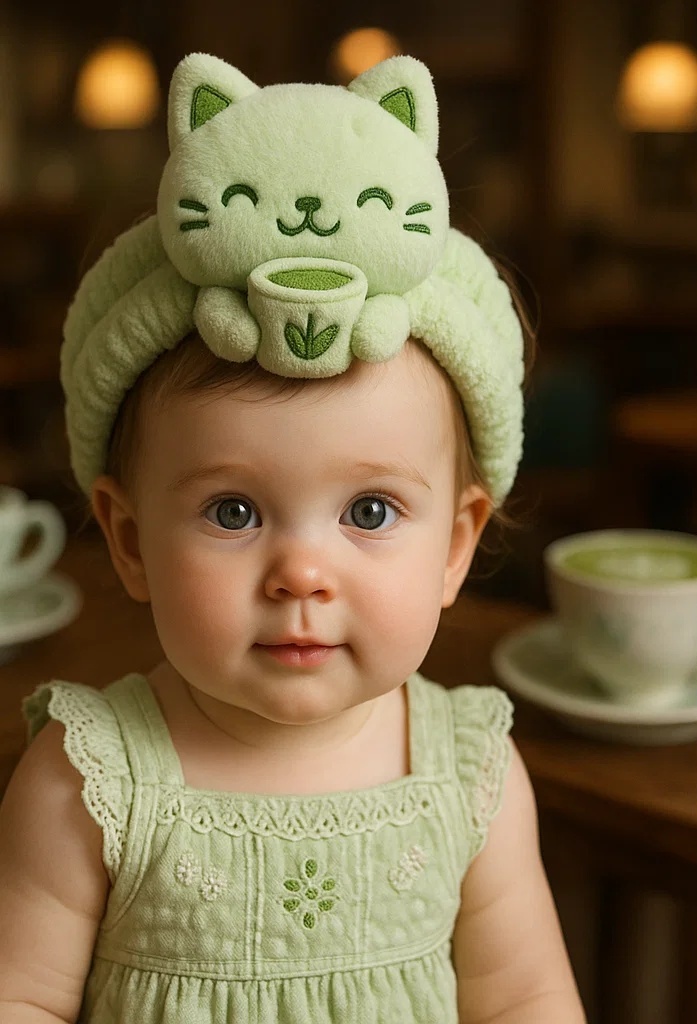 Green Cat Headband for Babies with Leaf Design – Cozy and Cute