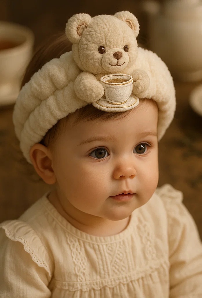 Bear Baby Headband with Tea Cup – Soft Plush Design