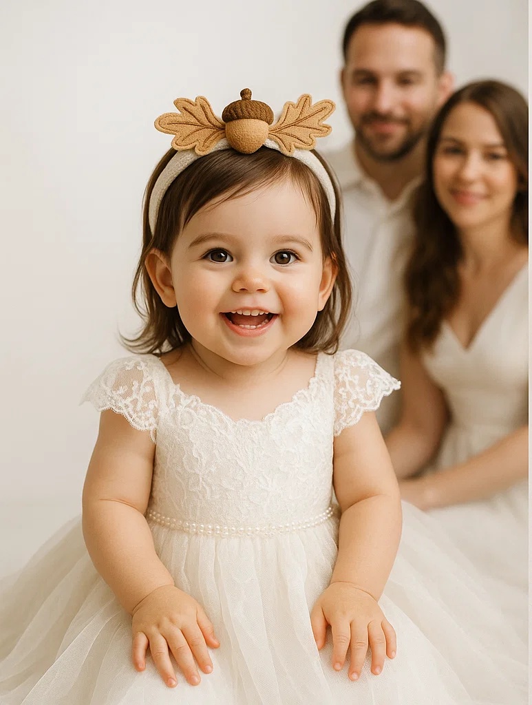 Autumn Acorn Baby Headband – Elegant Lace and Pearl Detail