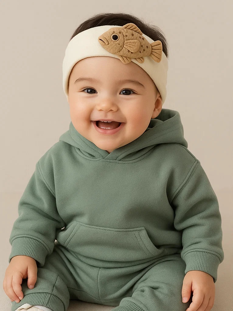 Knitted Baby Headband with Stuffed Fish Doll – Cozy and Photogenic