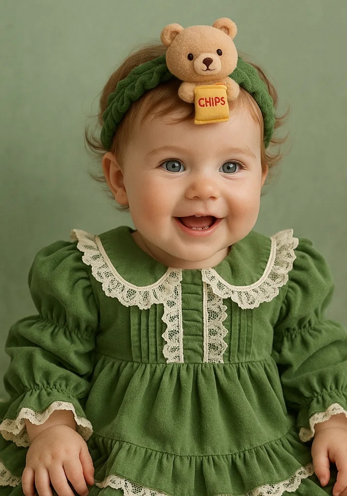 Bear and Chips-Themed Baby Headband (Green)