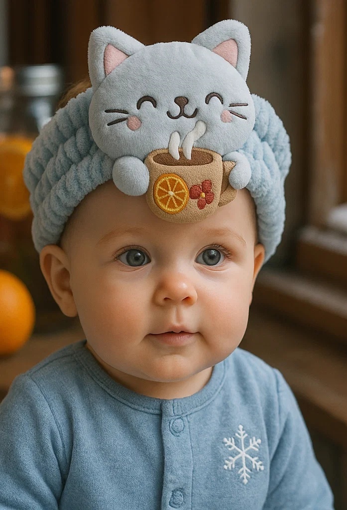 Winter Cat Headband for Babies with Hot Drink: Perfect for Snowy Day Photos