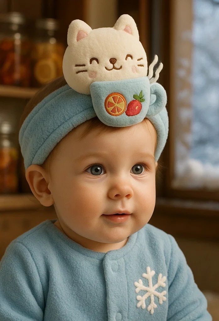 Orange and Lemon Cat Baby Headband with Cozy Drink: A Cute Gift for Babies