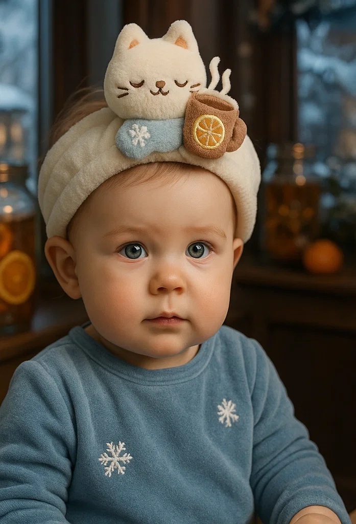 Winter Cat Headband for Babies with Snowflakes and Warm Drink