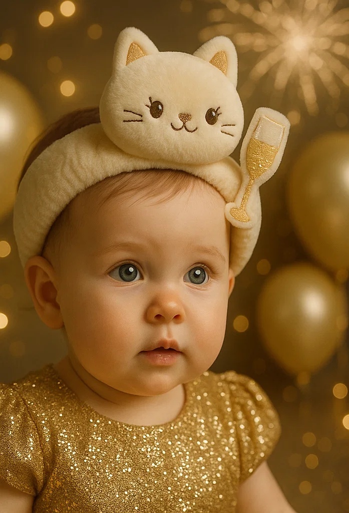 New Year Celebration Cat Baby Headband with Champagne Glass