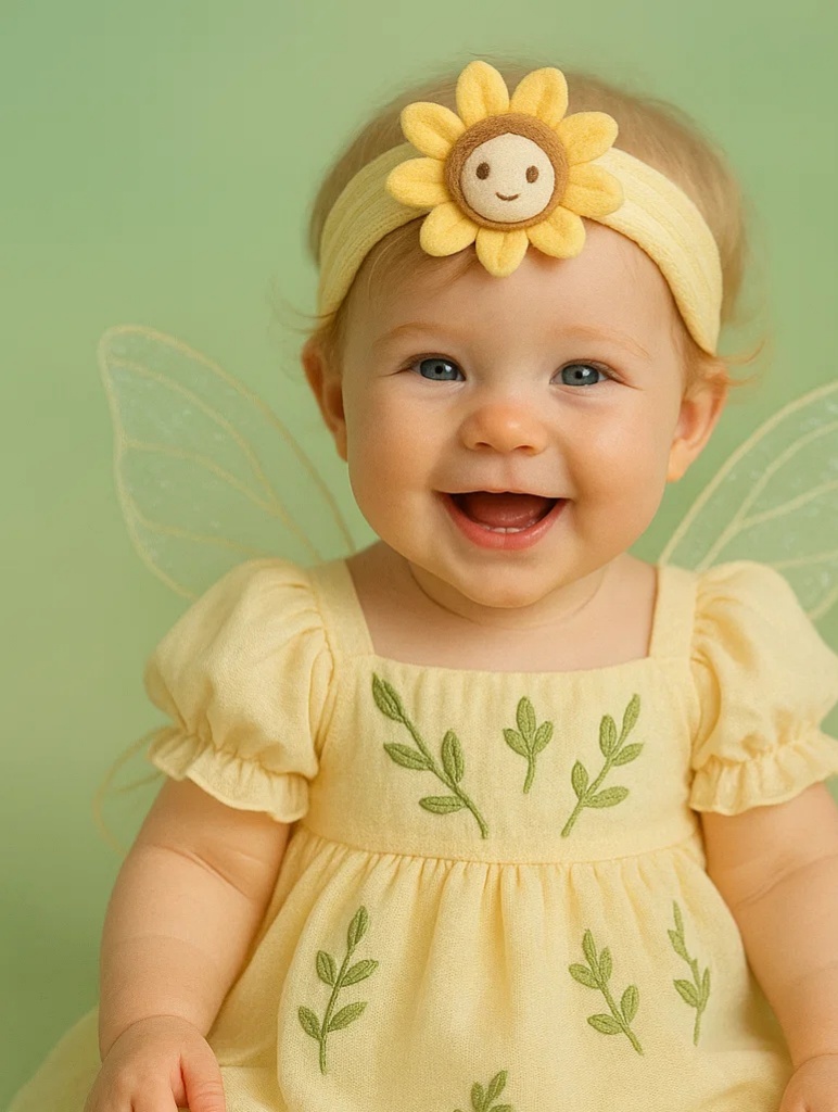 Happy Sunflower Doll Fairy Headband – Soft Elastic Floral Headband with Wings