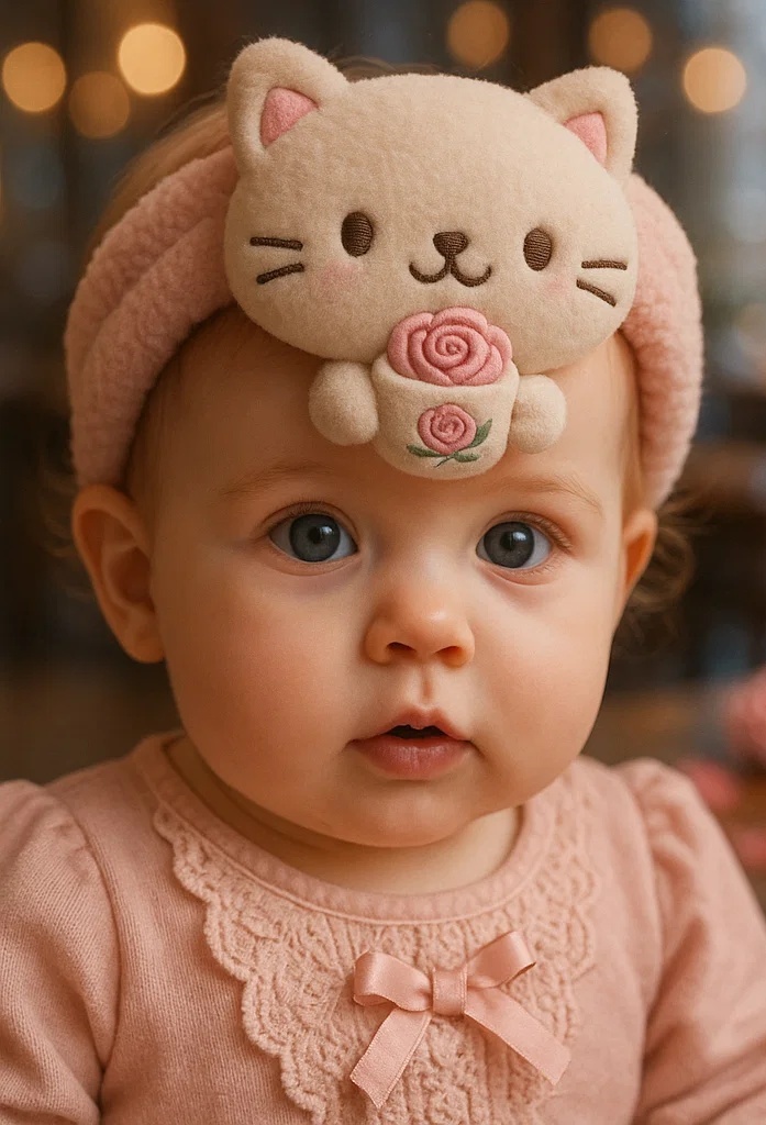 Adorable Cat Baby Headband with Orange Drink: Perfect for Winter Moments