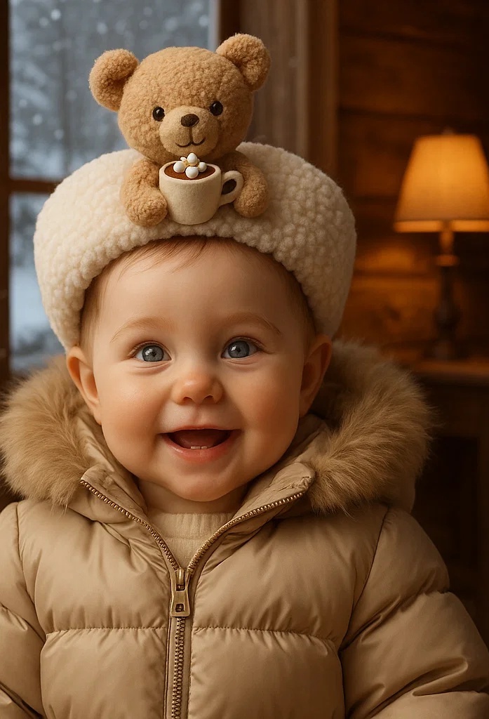Cozy Baby Headband with Fun Animal Character and Hot Drink Cup - Perfect for Holiday Photos