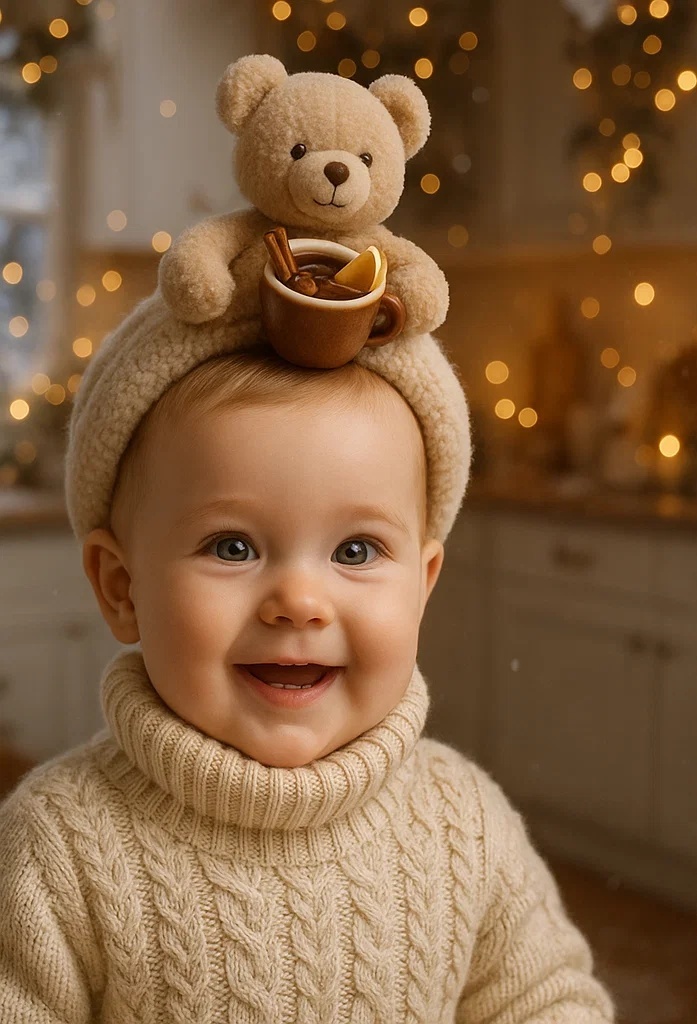 Trendy Baby Headband with Playful Bear and Cup of Hot Chocolate - A Photo Prop for Special Occasions