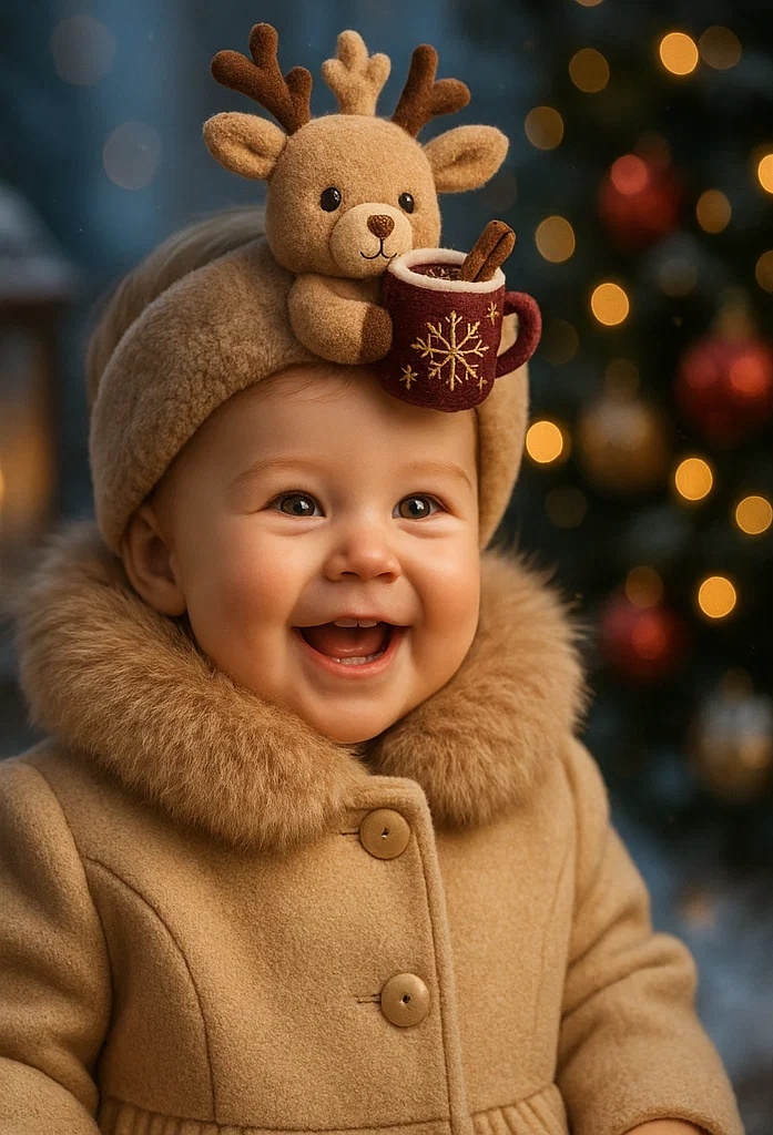 Festive Baby Headband with Reindeer and Hot Drink Cup - A Wonderful Holiday Photoshoot Prop