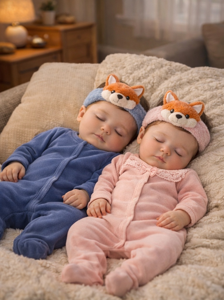 Twin Fox Plush Baby Headbands – Blue & Pink Newborn Photography Set